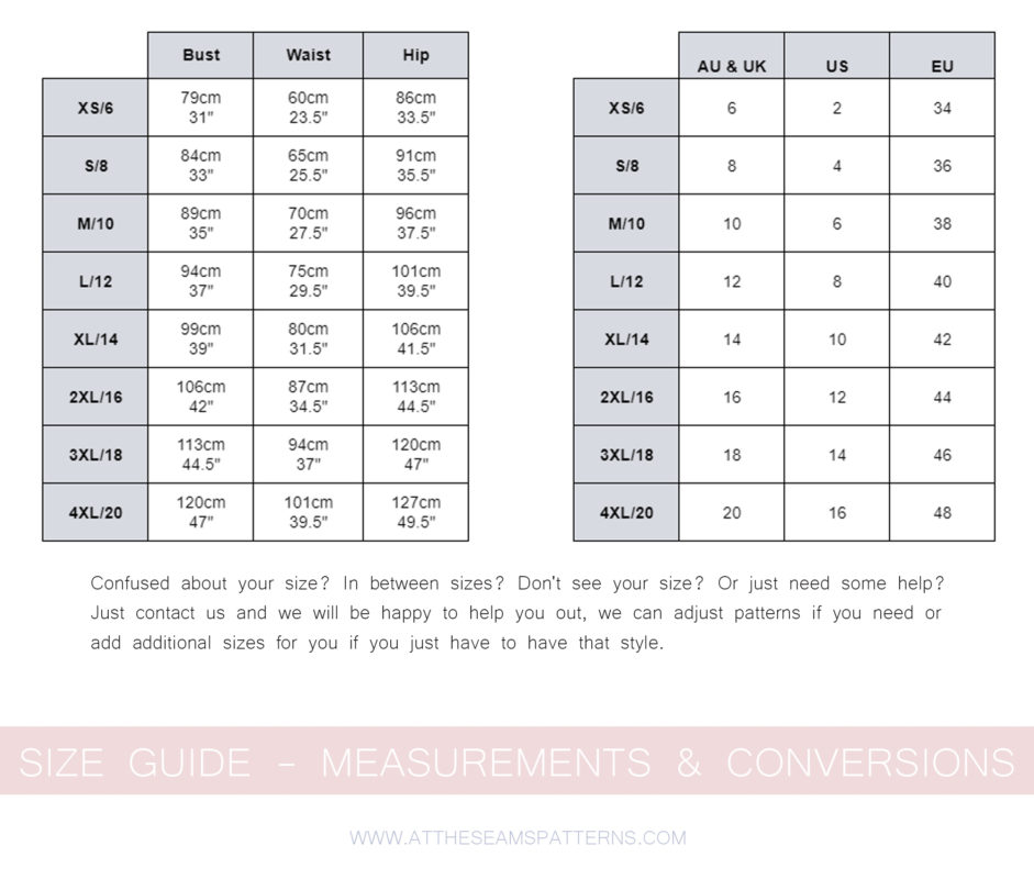 At The Seams Patterns | Size Guide